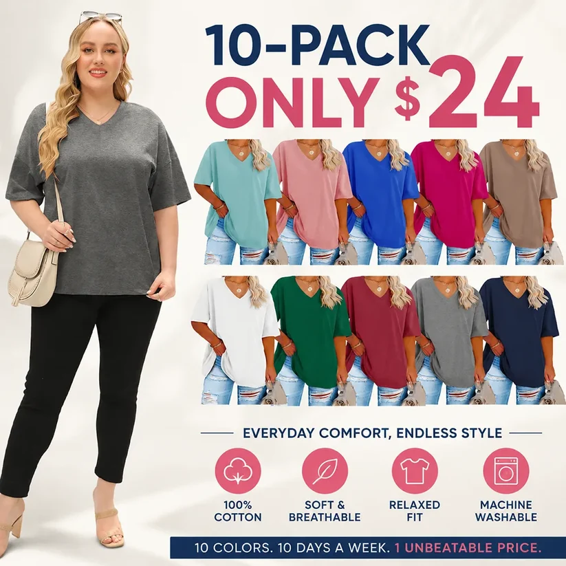 🔥 Limited-Time Offer:Women's Plus Size V Neck T Shirts Loose Fit Cotton Tunic Tops