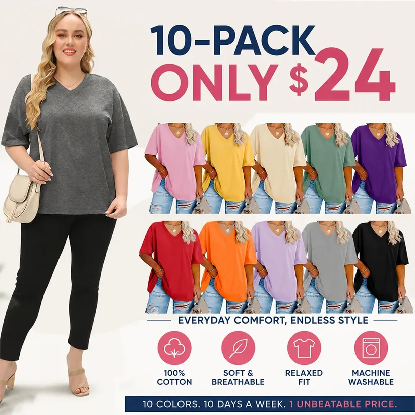 🔥 Limited-Time Offer:Women's Plus Size V Neck T Shirts Loose Fit Cotton Tunic Tops
