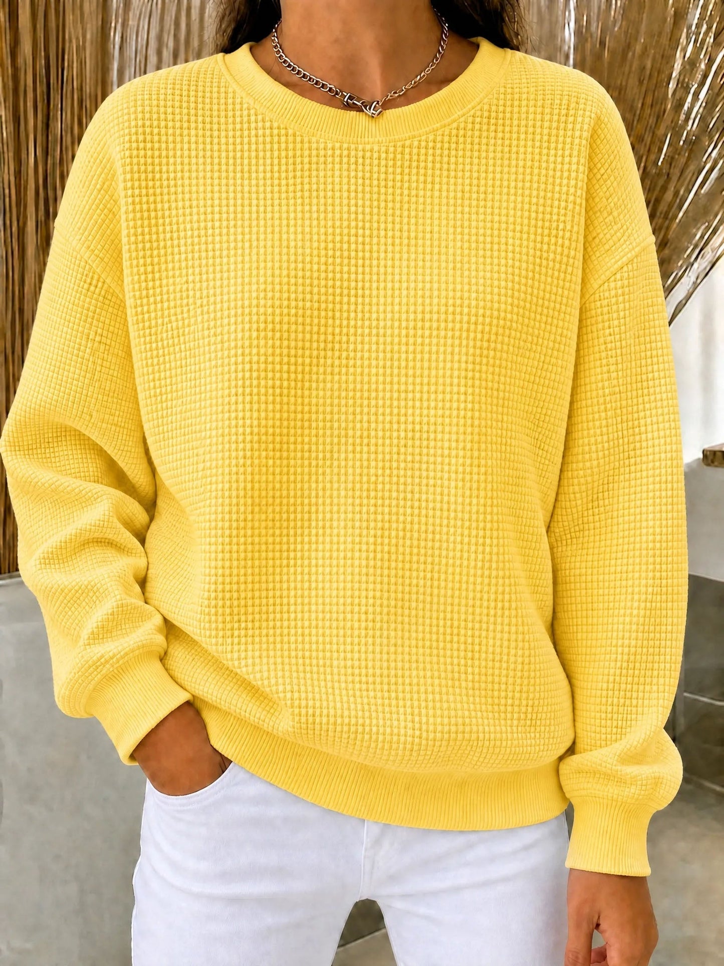 【HOT SALE】Women's Waffle Knit Crewneck Sweatshirt