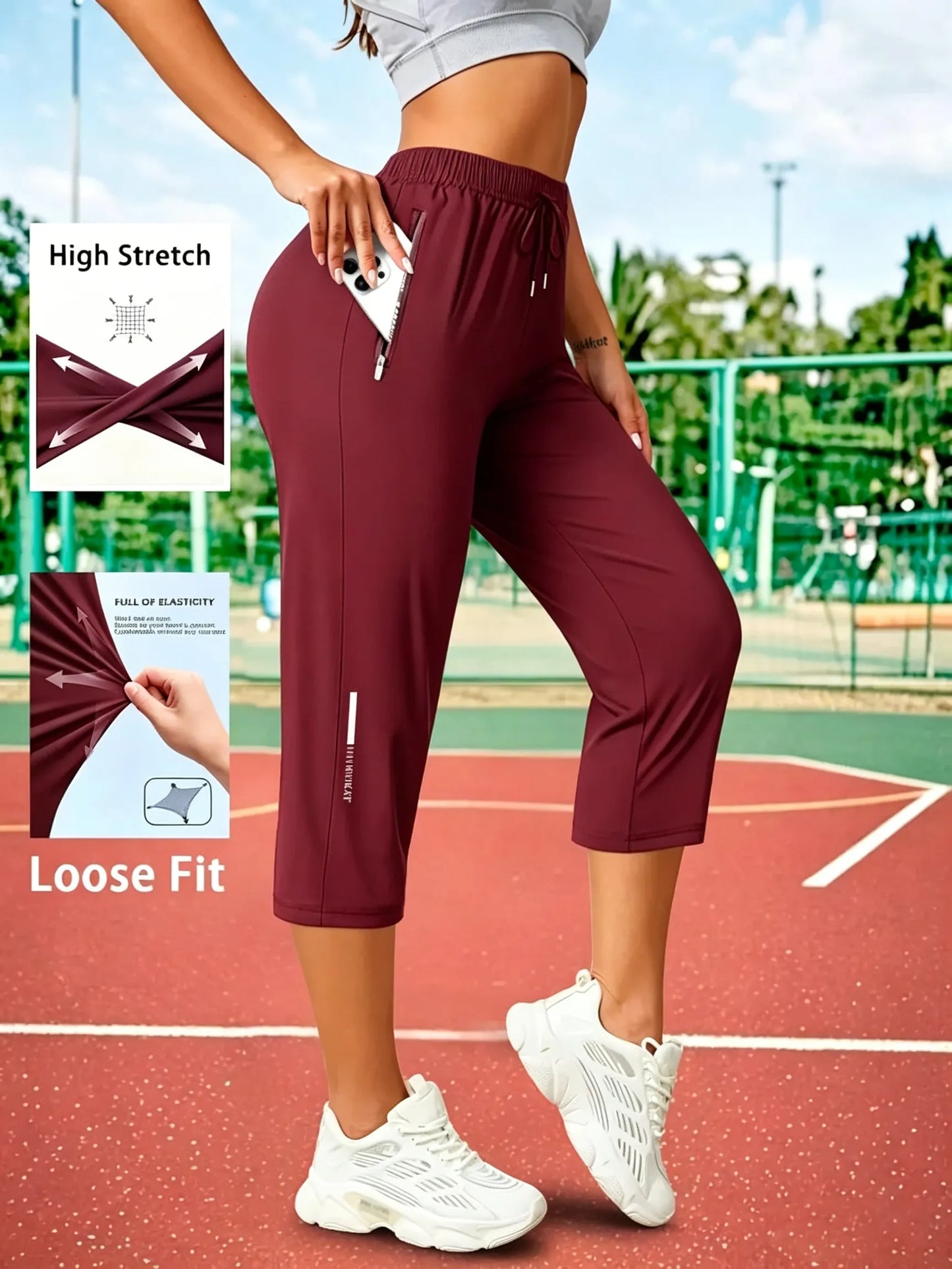 Women's Capris Pants - Loose Fit, Summer Drawstring Waist, Zippered Pockets, Breathable High-Stretch Fabric, Suitable for Everyday Wear