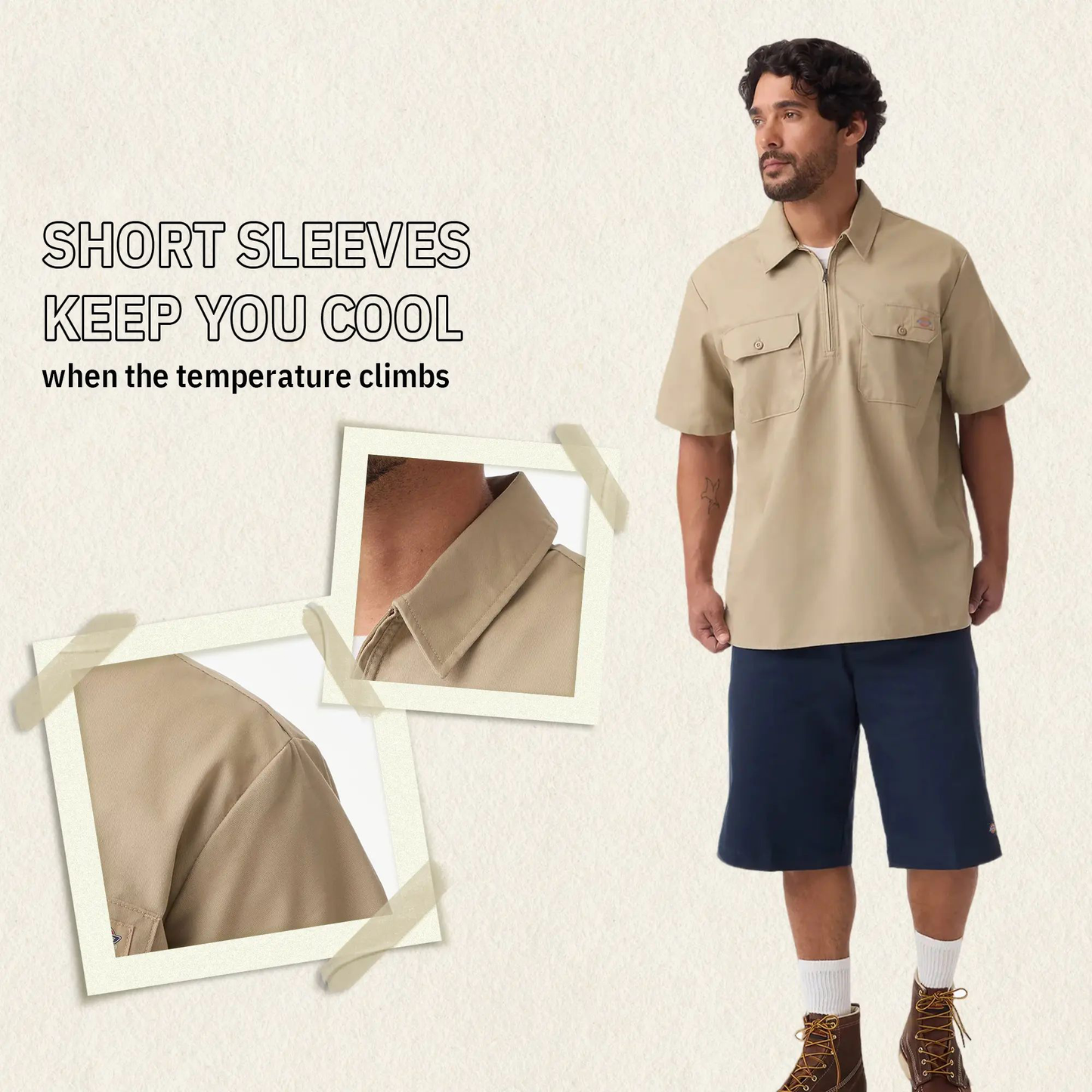 1/4 Zip Work Shirt,Relaxed fit,Stay cool,Workwear Style Top Breathable Short Man