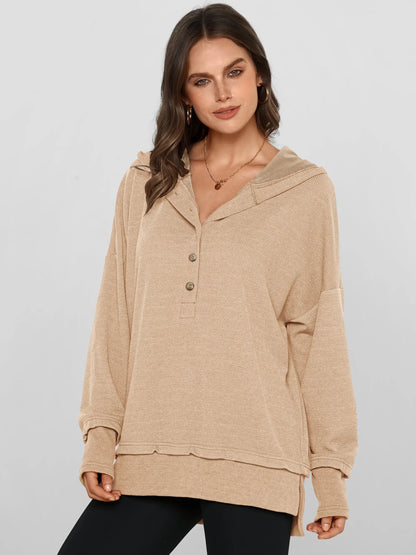 Women's Oversized Button V-Neck Hoodie Sweatshirt Long Sleeve Side Slit Casual Fall Pullover Top