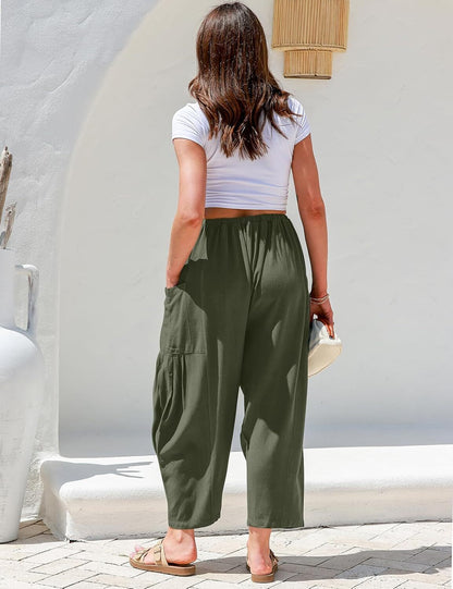 Womens Linen Wide Leg Pants Casual Loose Drawstring Low Waist Beach Palazzo Harem Pants with Pockets