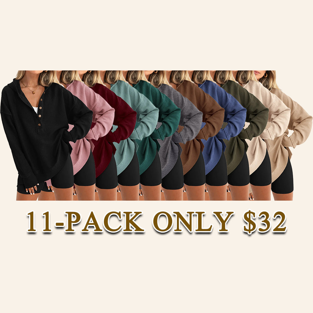 Women's Oversized Button V-Neck Hoodie Sweatshirt Long Sleeve Side Slit Casual Fall Pullover Top