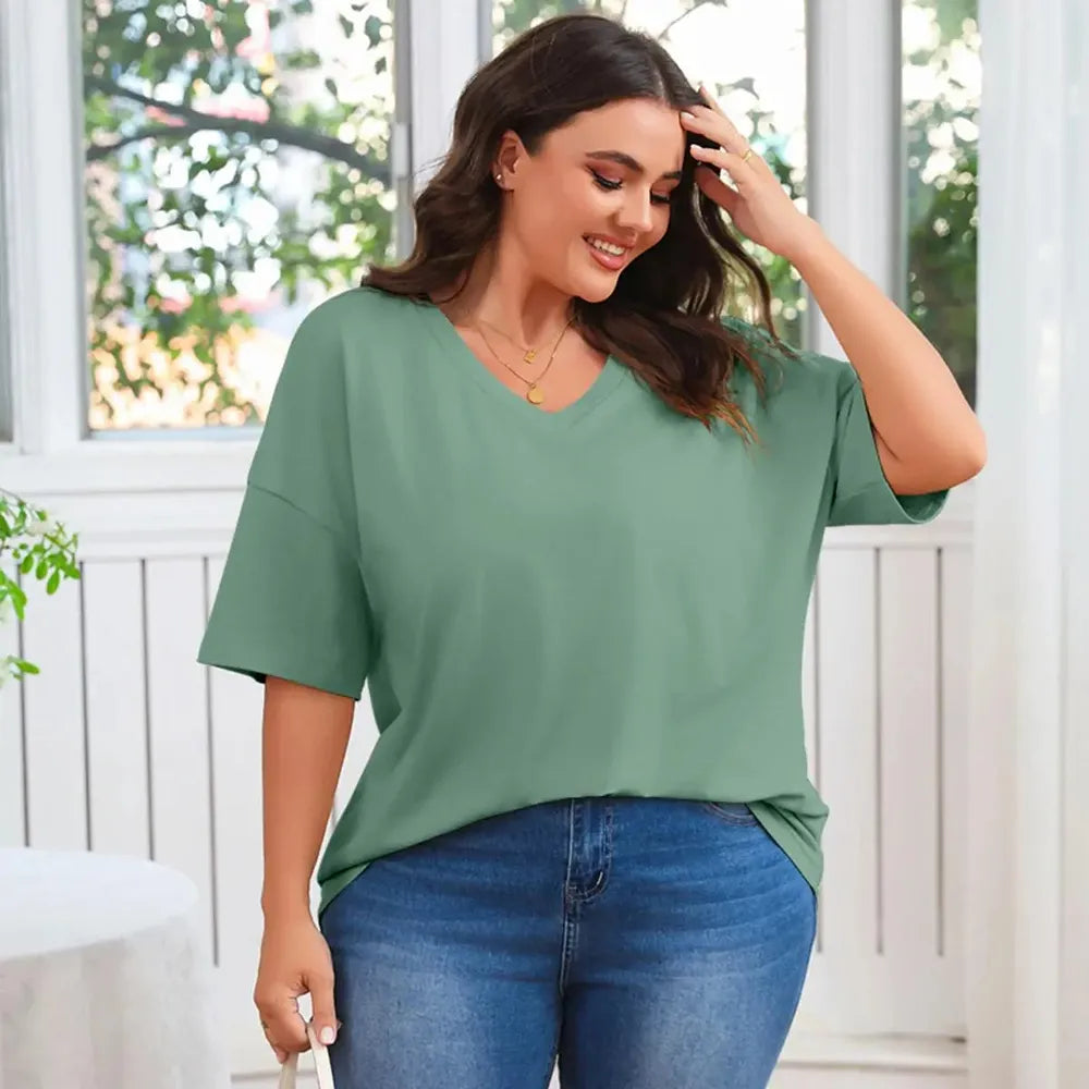 🔥 Limited-Time Offer:Women's Plus Size V Neck T Shirts Loose Fit Cotton Tunic Tops