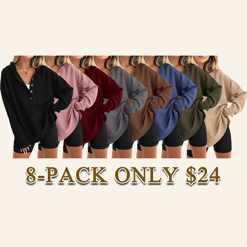 Women's Oversized Button V-Neck Hoodie Sweatshirt Long Sleeve Side Slit Casual Fall Pullover Top