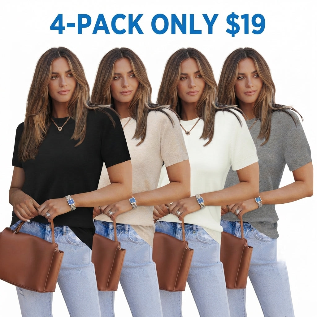 Women's Wool Blend Loose Fit Summer Sweater Top Short Sleeve Crew Neck Soft Casual Pullover
