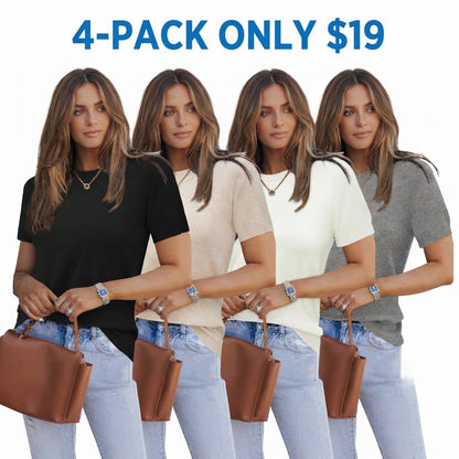 Women's Wool Blend Loose Fit Summer Sweater Top Short Sleeve Crew Neck Soft Casual Pullover