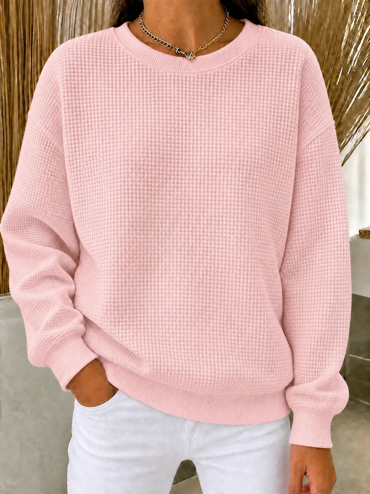 【HOT SALE】Women's Waffle Knit Crewneck Sweatshirt