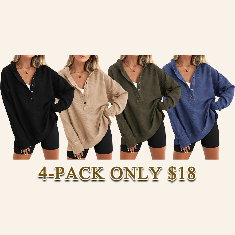 Women's Oversized Button V-Neck Hoodie Sweatshirt Long Sleeve Side Slit Casual Fall Pullover Top