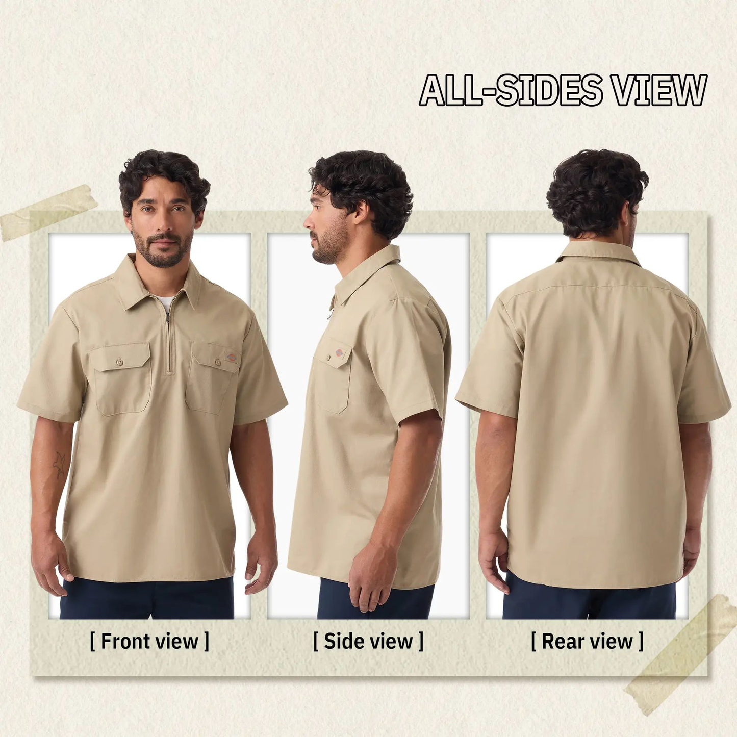 1/4 Zip Work Shirt,Relaxed fit,Stay cool,Workwear Style Top Breathable Short Man