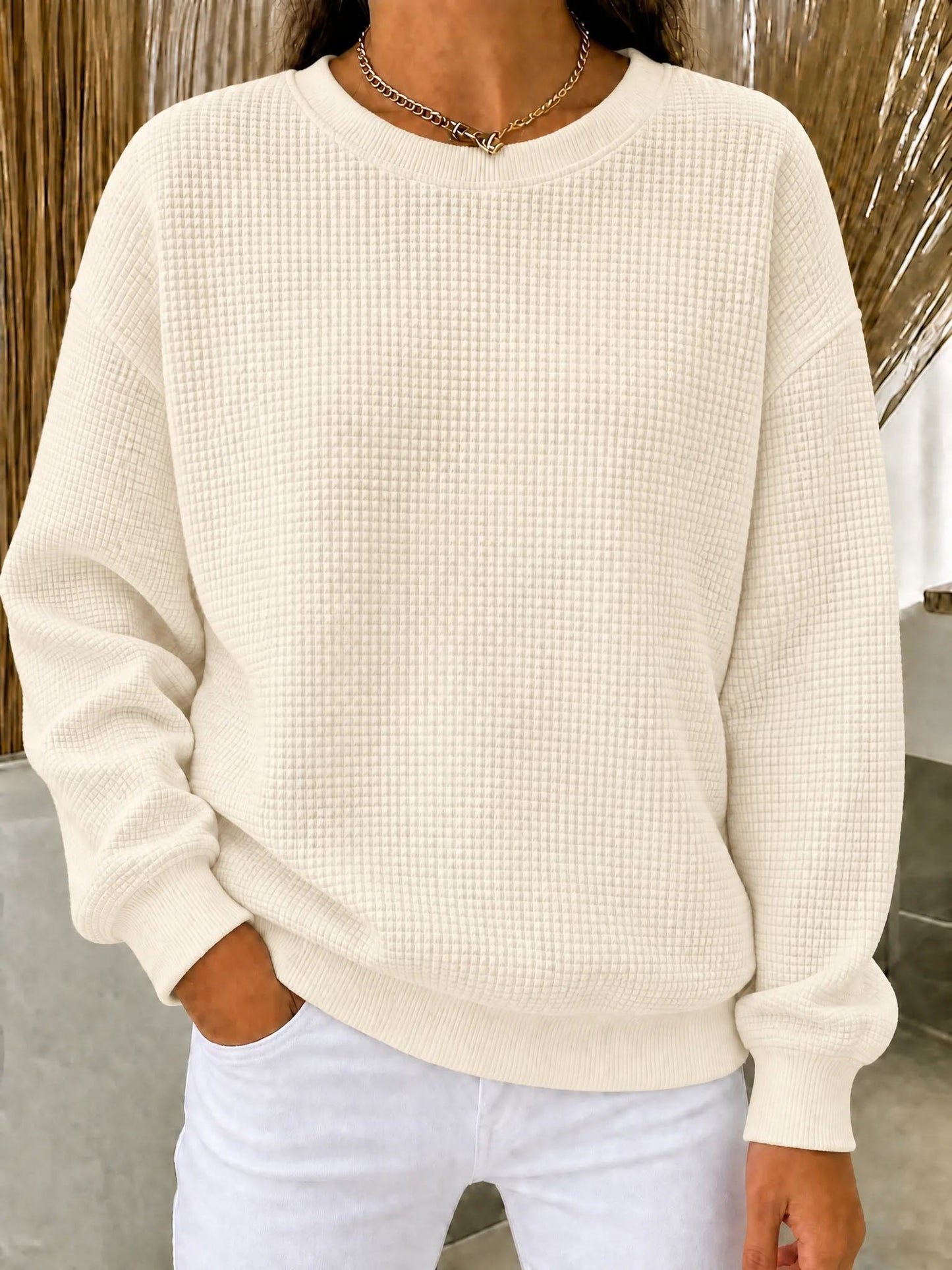 【HOT SALE】Women's Waffle Knit Crewneck Sweatshirt