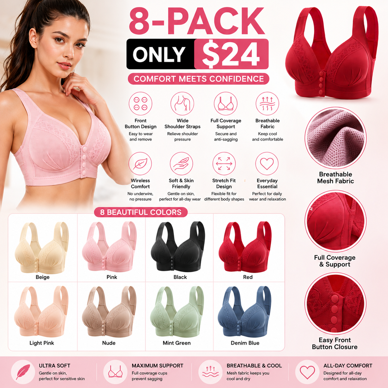 🔥LAST DAY SALE 90% OFF💕Women's Front Closure Bras Push-Up Jacquard Bra
