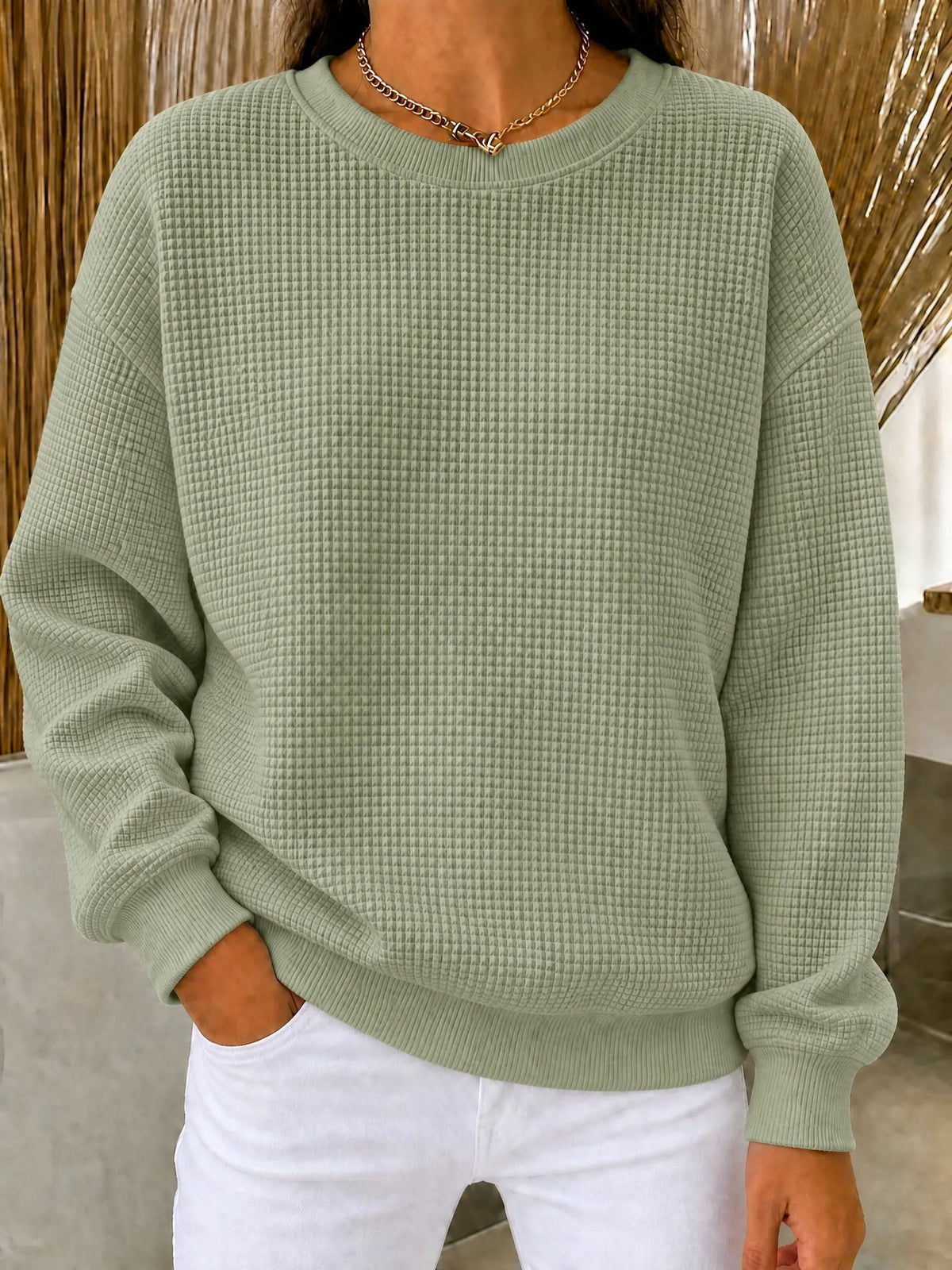 【HOT SALE】Women's Waffle Knit Crewneck Sweatshirt