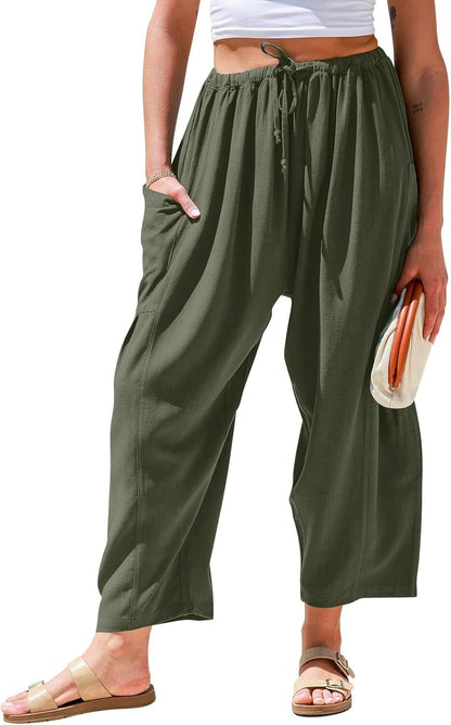 Womens Linen Wide Leg Pants Casual Loose Drawstring Low Waist Beach Palazzo Harem Pants with Pockets