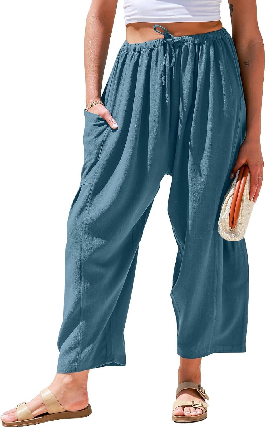 Womens Linen Wide Leg Pants Casual Loose Drawstring Low Waist Beach Palazzo Harem Pants with Pockets