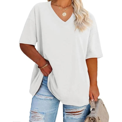 Women's Plus Size V Neck T Shirts Summer Half Sleeve Tees Casual Loose Fit Cotton Tunic Tops