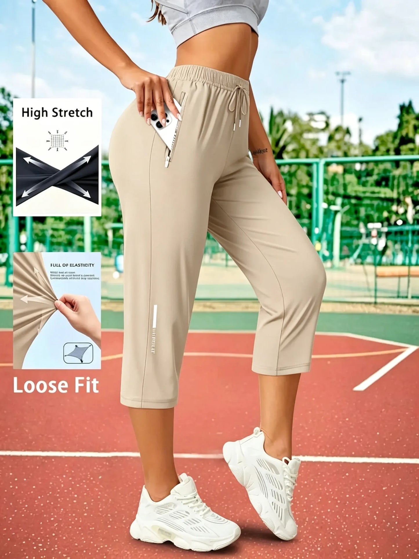 Women's Capris Pants - Loose Fit, Summer Drawstring Waist, Zippered Pockets, Breathable High-Stretch Fabric, Suitable for Everyday Wear