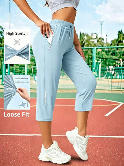 Women's Capris Pants - Loose Fit, Summer Drawstring Waist, Zippered Pockets, Breathable High-Stretch Fabric, Suitable for Everyday Wear