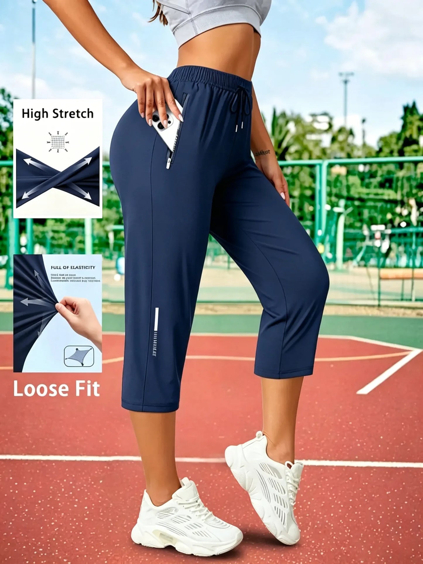 Women's Capris Pants - Loose Fit, Summer Drawstring Waist, Zippered Pockets, Breathable High-Stretch Fabric, Suitable for Everyday Wear