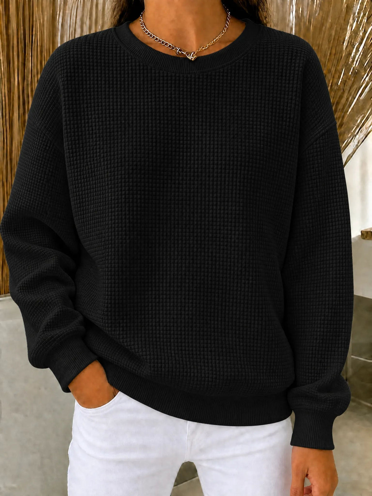 【HOT SALE】Women's Waffle Knit Crewneck Sweatshirt