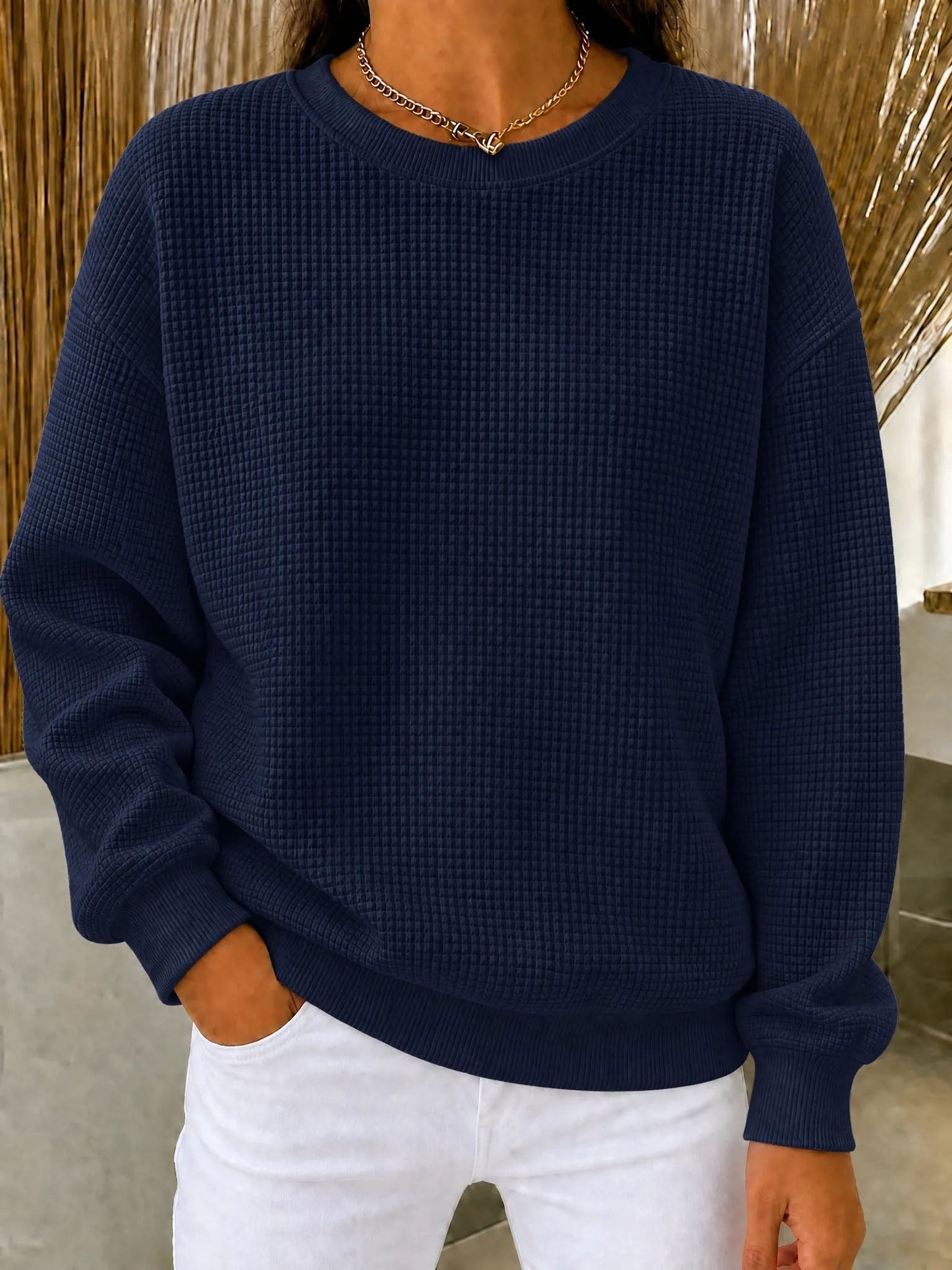 【HOT SALE】Women's Waffle Knit Crewneck Sweatshirt