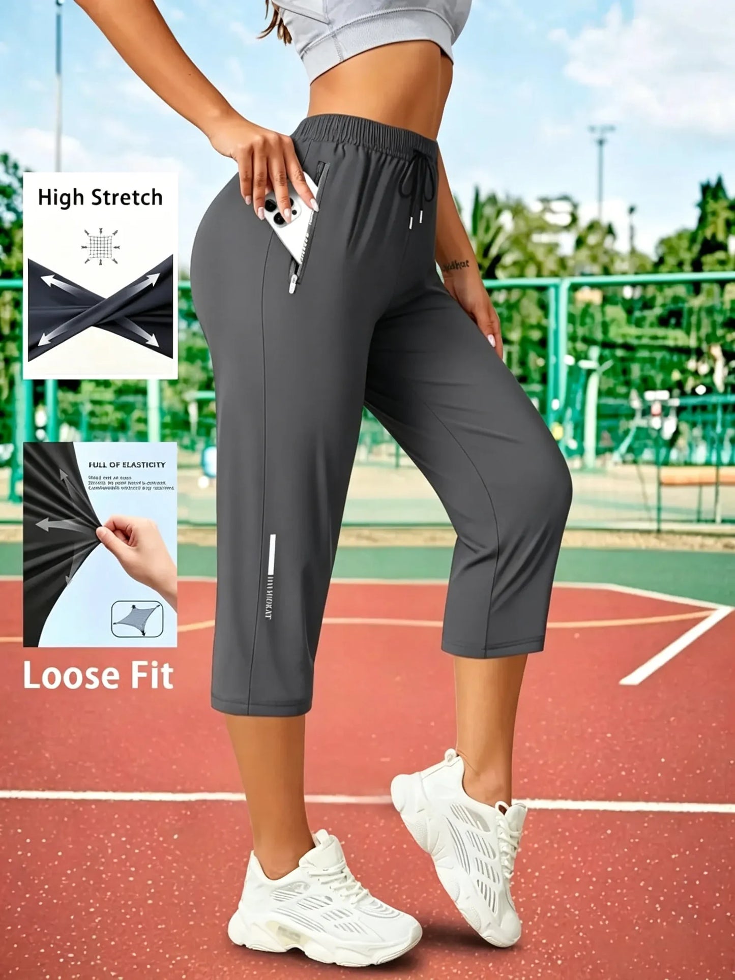 Women's Capris Pants - Loose Fit, Summer Drawstring Waist, Zippered Pockets, Breathable High-Stretch Fabric, Suitable for Everyday Wear