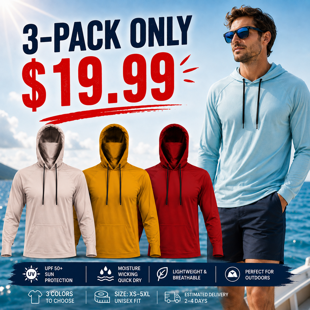 Men's Fishing & Construction Work Shirt — Hooded UPF 50 Long Sleeve (with Face Mask)