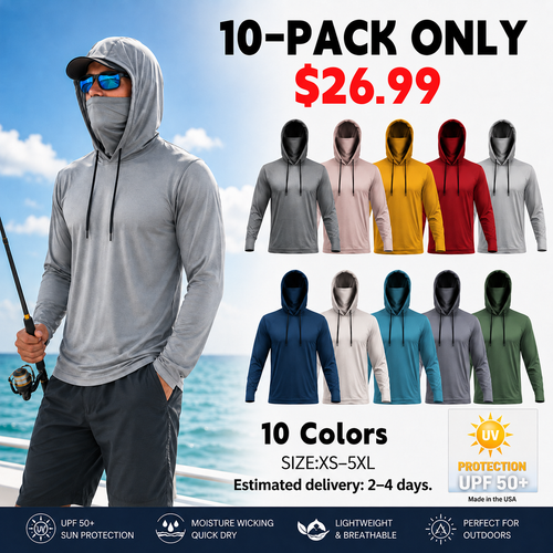 Men's Fishing & Construction Work Shirt — Hooded UPF 50 Long Sleeve (with Face Mask)