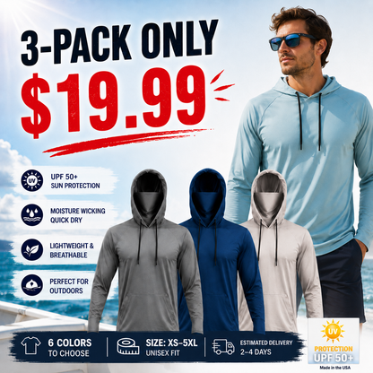 Men's Fishing & Construction Work Shirt — Hooded UPF 50 Long Sleeve (with Face Mask)