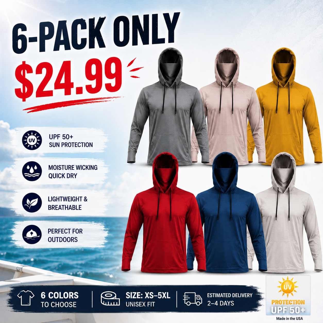 Men's Fishing & Construction Work Shirt — Hooded UPF 50 Long Sleeve (with Face Mask)