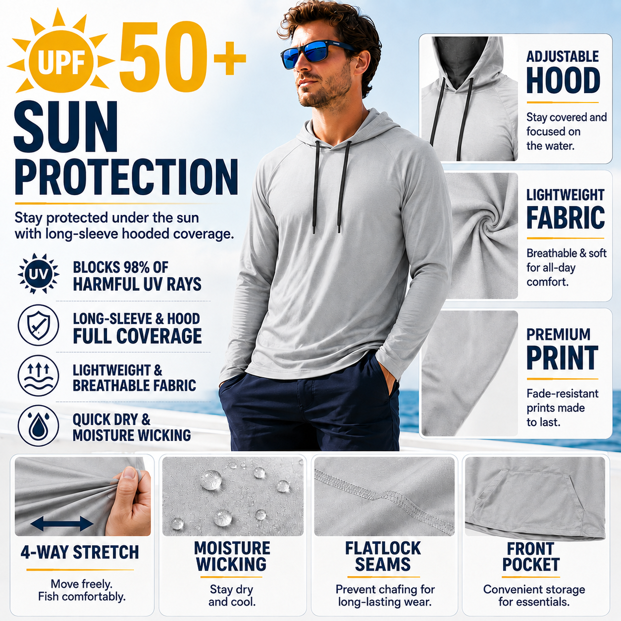Men's Fishing & Construction Work Shirt — Hooded UPF 50 Long Sleeve (with Face Mask)