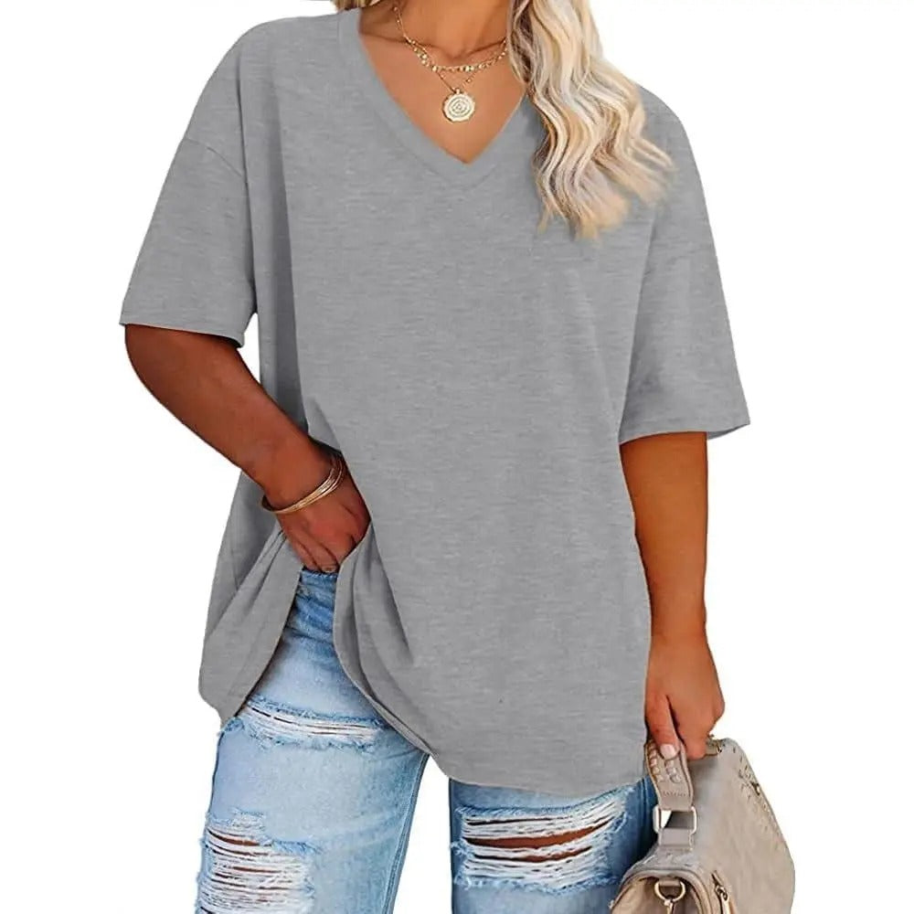 Women's Plus Size V Neck T Shirts Summer Half Sleeve Tees Casual Loose Fit Cotton Tunic Tops