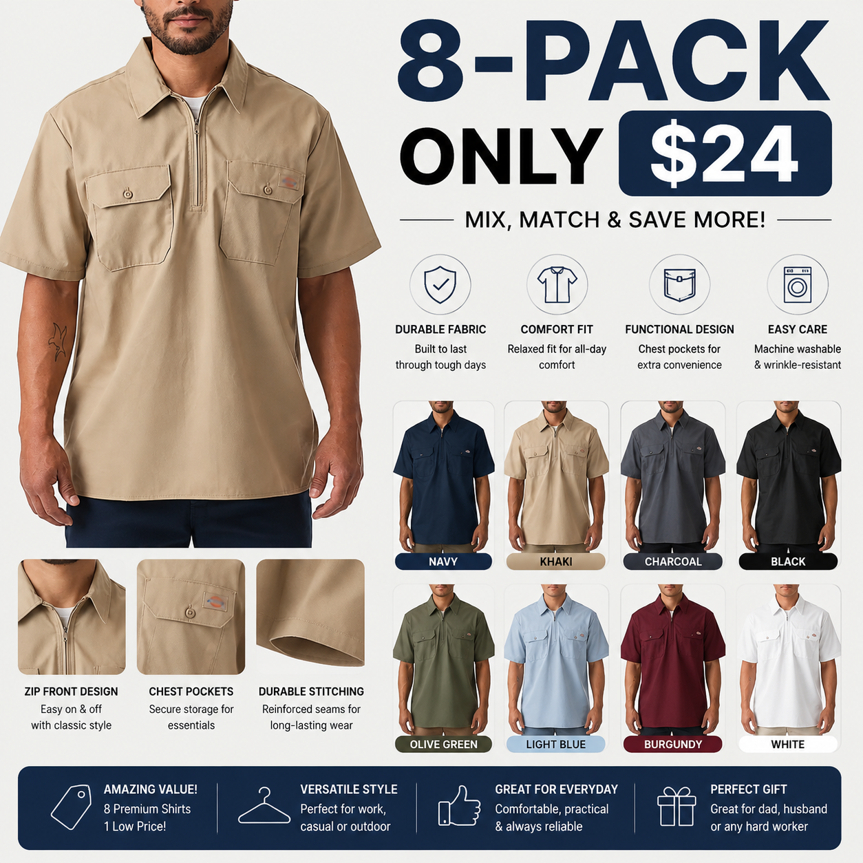 1/4 Zip Work Shirt,Relaxed fit,Stay cool,Workwear Style Top Breathable Short Man