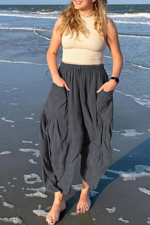 Womens Linen Wide Leg Pants Casual Loose Drawstring Low Waist Beach Palazzo Harem Pants with Pockets.