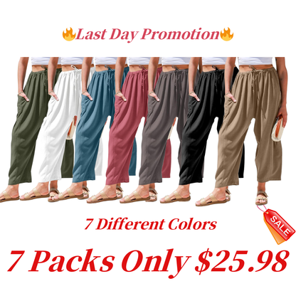 Womens Linen Wide Leg Pants Casual Loose Drawstring Low Waist Beach Palazzo Harem Pants with Pockets